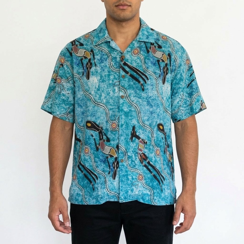Montage Microfiber Button Down Shirt, Teal Print, Rayon Blend, Size XL X-Large